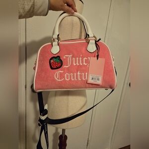 Juicy Couture Pink Velour Dome Satchel with White Trim and Strawberry Patch